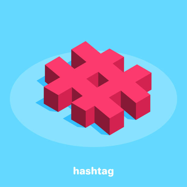 hashtag isometric image on a blue background, red hashtag icon for social networks microblogging stock illustrations
