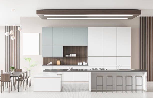 istock Modern spacious kitchen interior with island. Kitchen design concept. 3D illustration. 1137253683