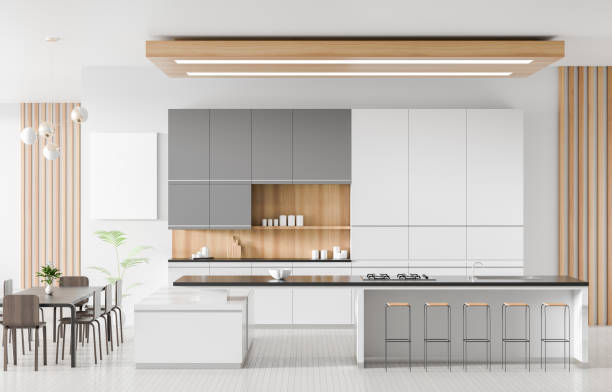 istock Modern spacious kitchen interior with island. Kitchen design concept. 3D illustration. 1137253960