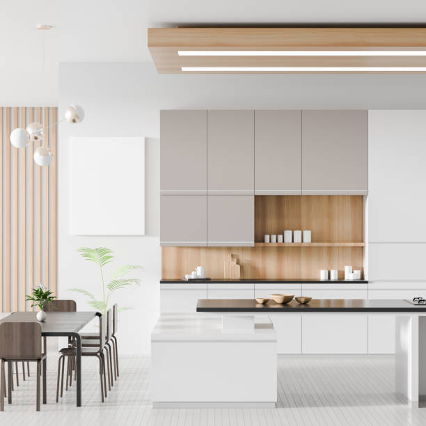 istock Modern spacious kitchen interior with island. Kitchen design concept. 3D illustration. 1137254226