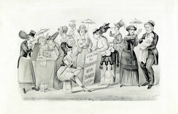 The Triumph of Women's Rights Black and white satirical commentary on the women's rights movement and the threat it appeared to pose to traditional gender roles. Print shows women assuming the roles of men, participating in politics and voting, and forcing men to mind the children. gender change stock illustrations