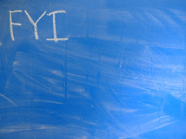 Abbreviation FYI (for your information frequently) written on a blue, relatively dirty chalkboard by chalk. Located in the upper left corner of the image making space for some message or note on the board. Computer and internet slang, background. abreviatura fyi (para su información con frecuencia) escrita en una pizarra azul, relativamente sucia por tiza. situado en la esquina superior izquierda de la imagen haciendo espacio para algún mensaje o nota en la pizarra. computadora y jerga de interne