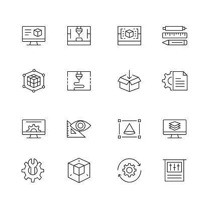 3D Printing and Modeling - Set of Thin Line Vector Icons