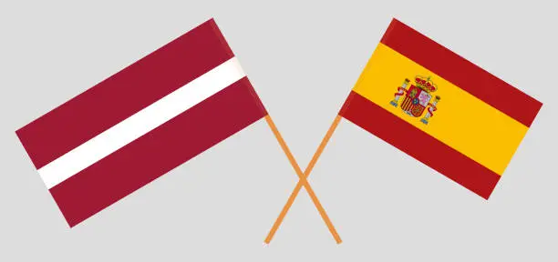 Vector illustration of Spain and Latvia. The Spanish and Latvian flags. Official colors. Correct proportion. Vector