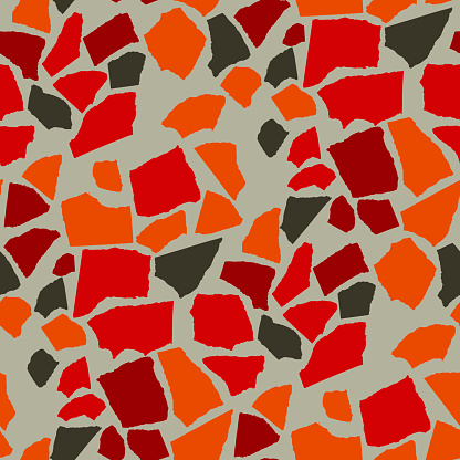 Abstract papercut seamless pattern inspired by nature stone surface. Red and black vintage hues repeatable motif with hand-drawn geometric shapes.