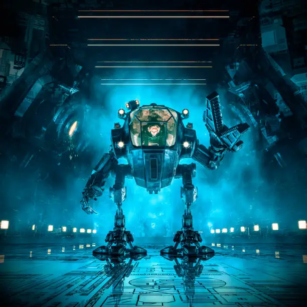 3D illustration of science fiction scene with female astronaut controlling heavy industrial mech robot inside dark industrial space ship corridor
