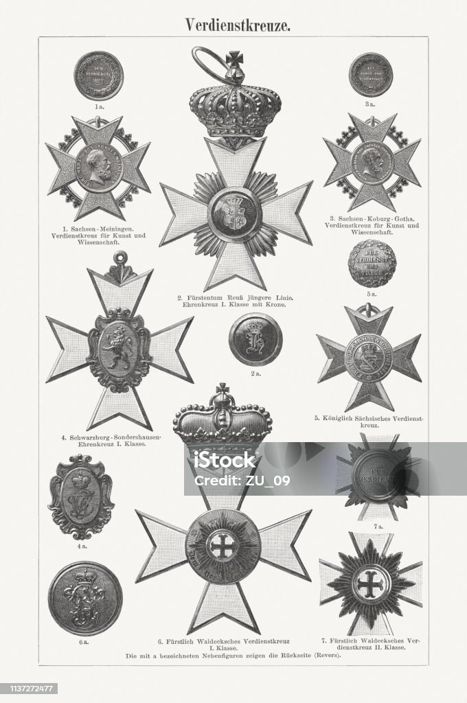 German Crosses of Merit, wood engravings, publisged in 1897 German Crosses of Merit. Wood engravings, published in 1897. Coat Of Arms stock illustration