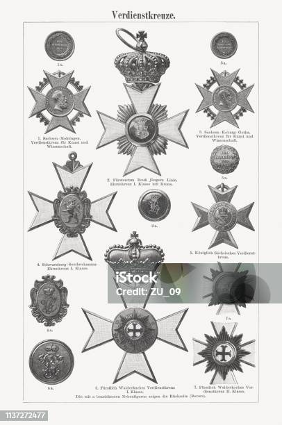 German Crosses Of Merit Wood Engravings Publisged In 1897 Stock Illustration - Download Image Now