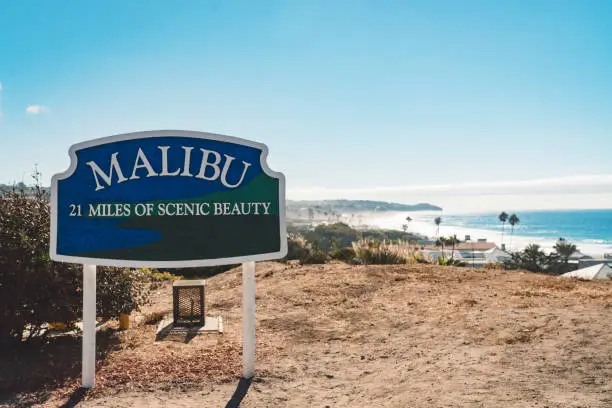 Beautiful sunny day on Malibu beach in California. Sandy beaches, cactuses, palm trees and pacific ocean. Summer lifestyle.