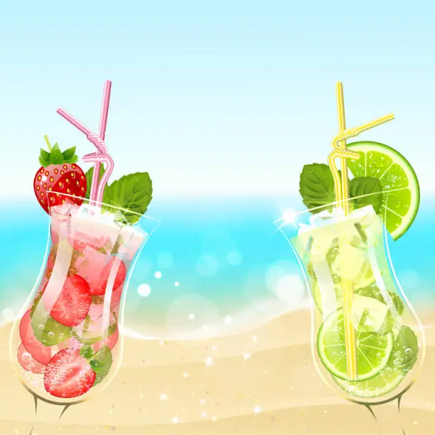 Vector illustration of Refreshing Cocktails on the Beach Background