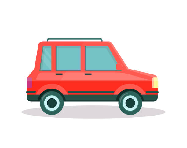 Red Car with Trunk on Roof on White Background. Red Colored Modern Car with Spacious Trunk on Roof Isolated on White Background. Side View of Comfortable Sedan or Coupe Automobile for Family Travelling. Flat Vector Illustration, Icon, Clip Art. car clipart stock illustrations