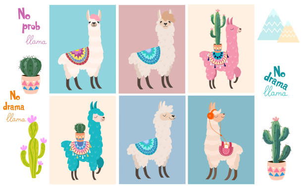 ilustrações de stock, clip art, desenhos animados e ícones de set of stylish cartoon llamas and decorative elements. vector illustrations. - cheerful cactus