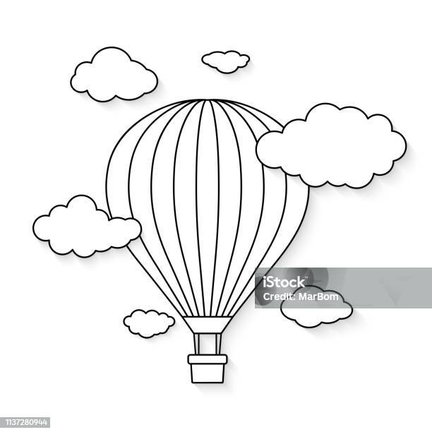 Hot Air Balloon With Clouds For Coloring Book Vector Illustration Stock Illustration - Download Image Now