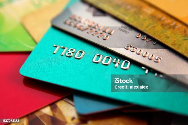 Stack Of Multicolored Credit Cards Close Up View With Selective Focus Stock Photo - Download Image Now