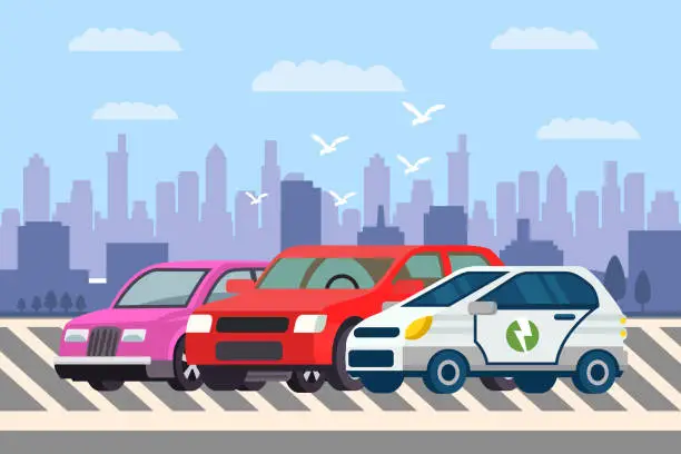 Vector illustration of Line of Cars at Parking Lot Vector Illustration
