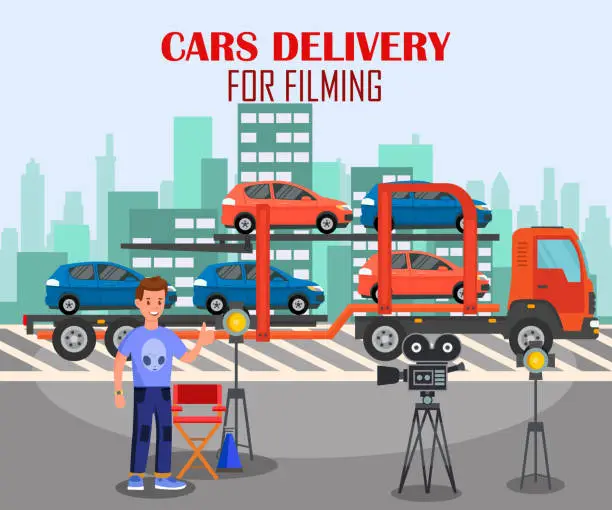 Vector illustration of Cars Delivery for Filming Flat Banner Template