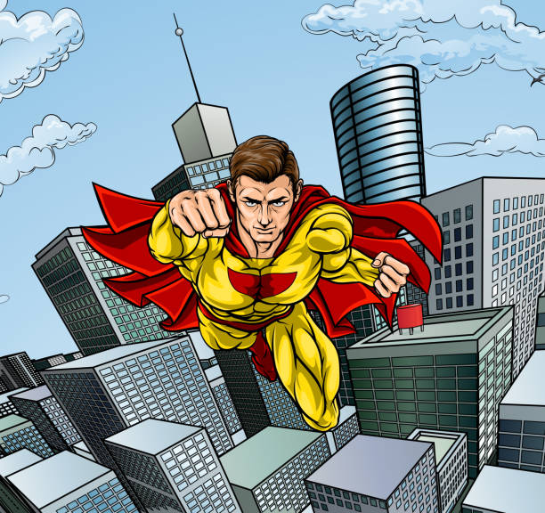caped flying super hero city szene - superhero comic book cityscape flying stock-grafiken, -clipart, -cartoons und -symbole