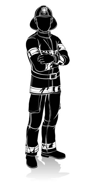 Fireman Silhouette A silhouette fireman standing with arms crossed silhouette of firefighter logo stock illustrations
