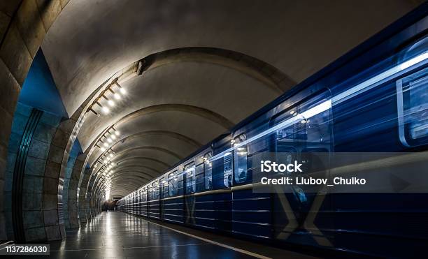 Kyiv Underground Train On Subway Station Stock Photo - Download Image Now - Train Tunnel, Information Symbol, Subway