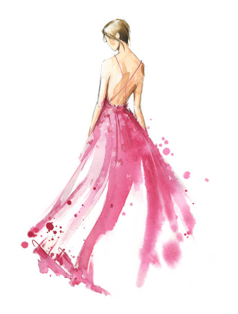 illustrazioni stock, clip art, cartoni animati e icone di tendenza di giovane donna che indossa un lungo abito da sera, sposa. illustrazione ad acquerello - evening gown