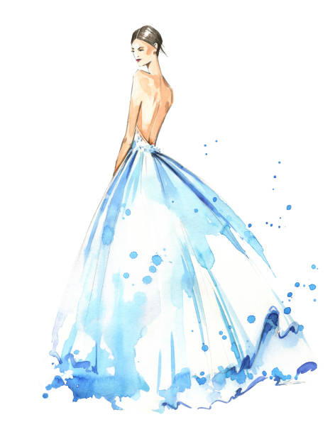 Young woman wearing long evening dress, bride. Watercolor illustration Young woman wearing long evening dress, bride. Watercolor illustration, hand painted prom fashion stock illustrations
