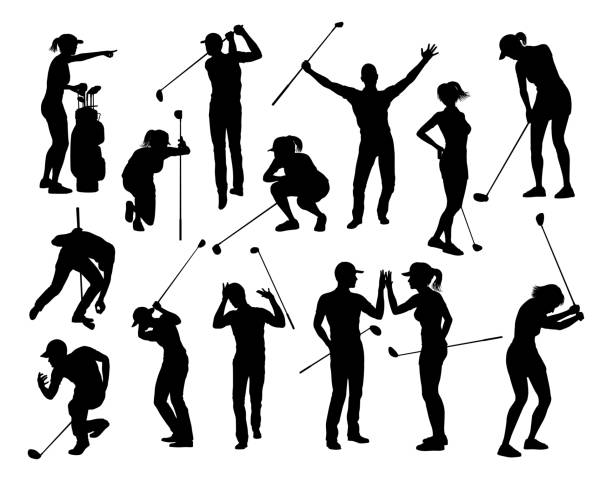 illustrazioni stock, clip art, cartoni animati e icone di tendenza di golfista golf sport persone silhouette set - golf playing teeing off men