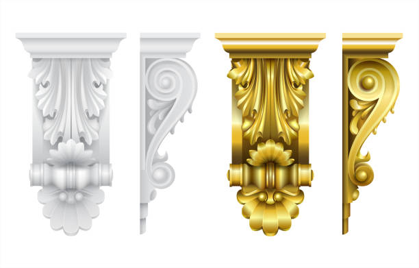 Classic frontal bracket gold and stone set Architectural facade classic baroque bracket for the facade of the building. Vector graphics. Set temple decor stock illustrations