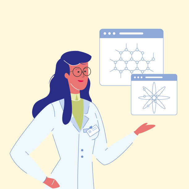 Female Scientists Cartoon Vector Illustration Female Scientists Cartoon Vector Illustration. Chemists, Biologists. Woman in Professional Uniform Character. Healthcare, Medicine. Molecules, Atoms Models. Open Browser Tabs. Laboratory biologist stock illustrations