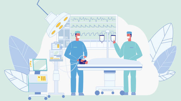 Surgeons in Operating Room Color Illustration Surgeons in Operating Room Color Illustration. Unconscious Patient on Bed. Surgical Lamp. Doctors Characters. Anesthesiologist with Mask. Man in Reanimation. Medical Team. Heartbeat, Pulse on Monitor ventilator background stock illustrations