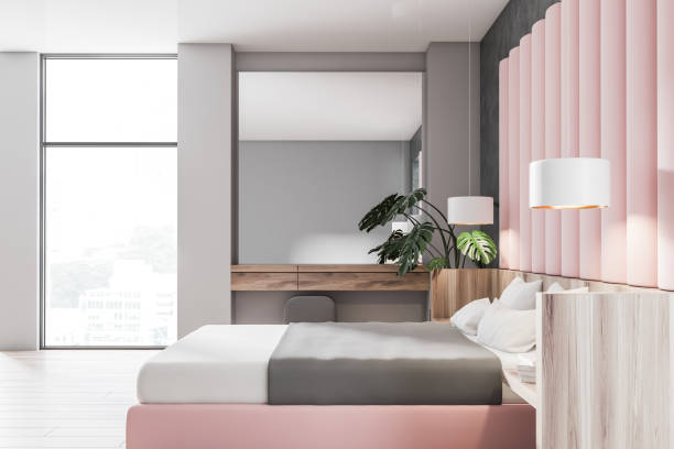 istock Side view of pink and gray bedroom 1137296682