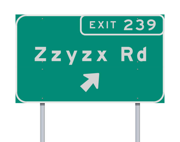 ilustrações de stock, clip art, desenhos animados e ícones de zzyzx route exit direction road sign - interstate