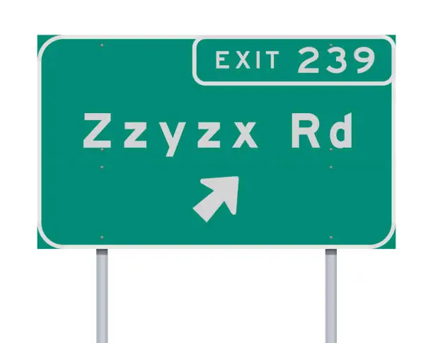 Vector illustration of Zzyzx Route Exit direction Road sign