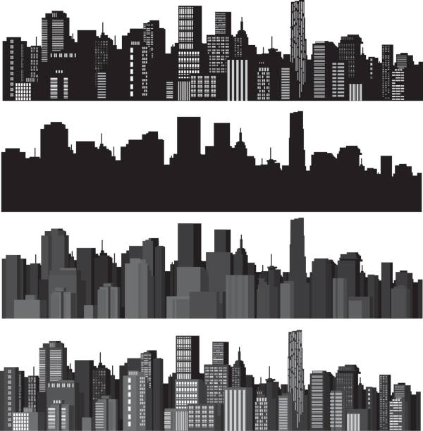 set of vector illustrations of city silhouettes - şehir fotoğraflar stock illustrations