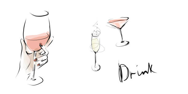 illustrazioni stock, clip art, cartoni animati e icone di tendenza di bicchieri disegnati a mano e bevande alcoliche - bicchiere da vino illustrazioni