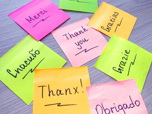 istock Thank you message on different languages on sticky note on wooden background 1137302675