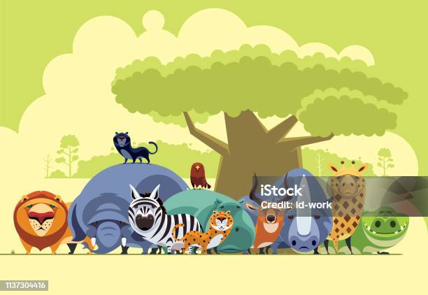 Group Of Safari Animals Gathering Stock Illustration - Download Image Now - Animal Themes, Bird, Animal Wildlife