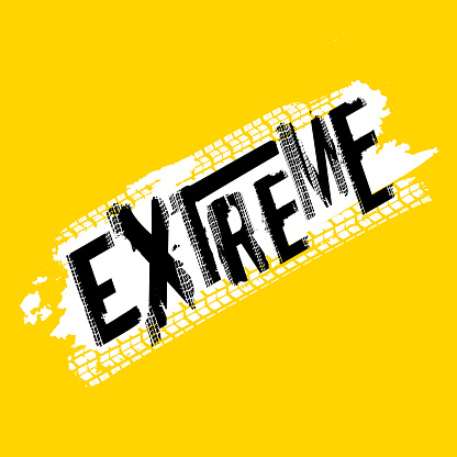 Off-Road extreme hand drawn grunge lettering. Tire tracks word made from unique letters. Beautiful vector illustration. Editable graphic element in yellow, white and black colours.