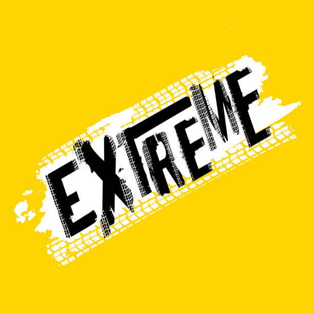 Extreme Offroad Lettering Off-Road extreme hand drawn grunge lettering. Tire tracks word made from unique letters. Beautiful vector illustration. Editable graphic element in yellow, white and black colours. extreme sports stock illustrations