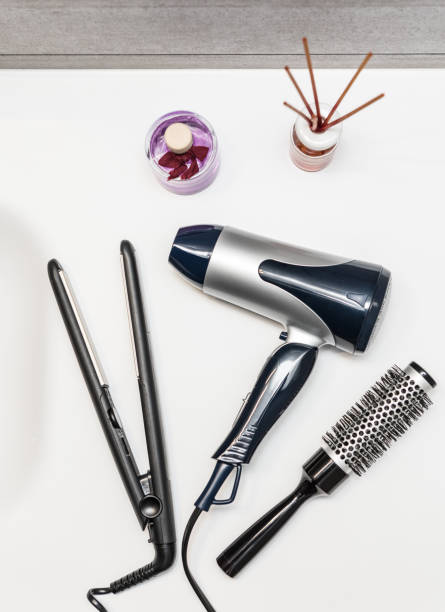 Hair care tools in a home bathroom