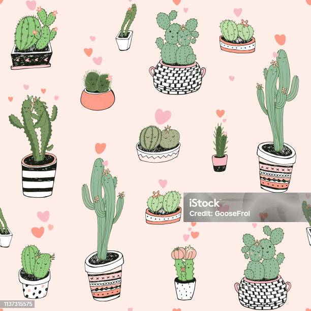 Cactus Seamless Pattern Stock Illustration - Download Image Now - Cactus, Flower, Heart Shape