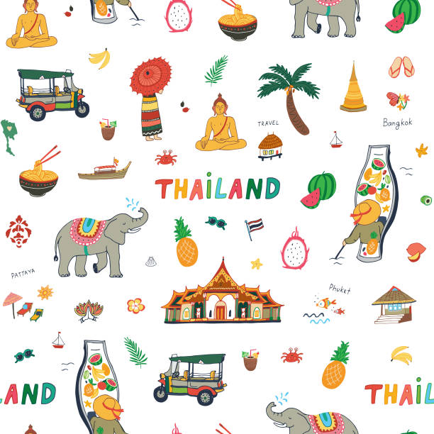 Thailand illustrations pattern Thailand objects vector cartoon seamless pattern abstract asia backgrounds bangkok stock illustrations