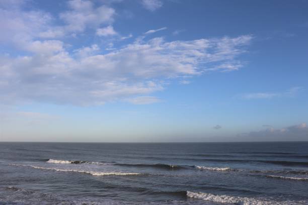 istock Fluffy white clouds in blue sky over coastline and beach with copy space 1137317835