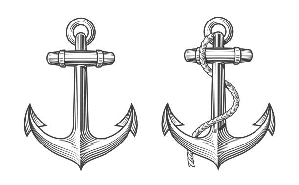 ilustrações, clipart, desenhos animados e ícones de 2 âncoras retros com uma corda - anchor and rope