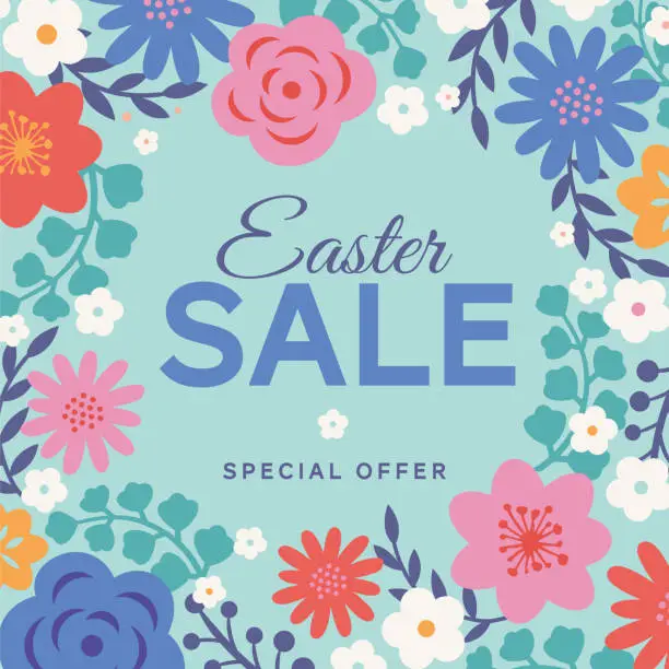 Vector illustration of Easter sale background with flowers frame.