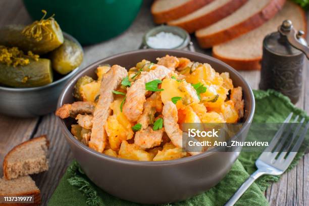 Azu Pork Stew With Potatoes And Pickled Cucumbers Horizontal Stock Photo - Download Image Now