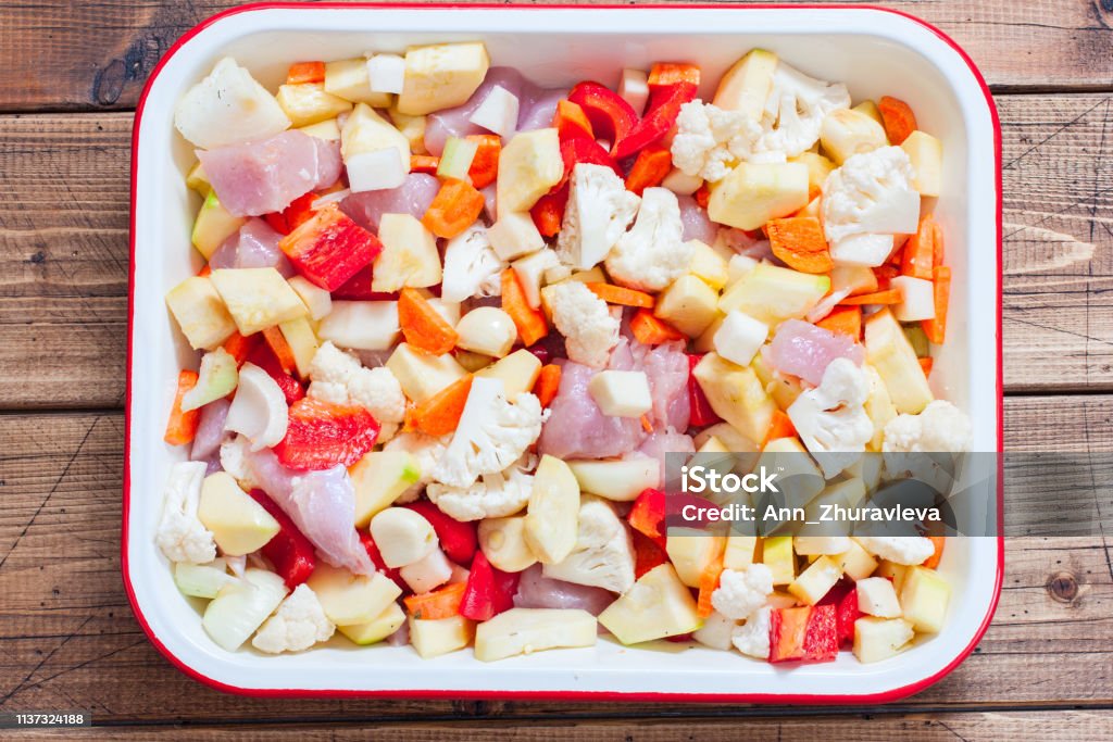 Raw vegetables and turkey fillet in the form, cooked for roasting, top view, horizontal Appetizer Stock Photo