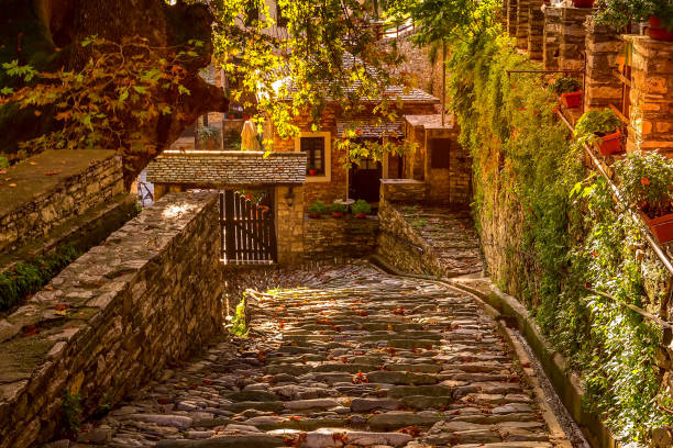 Street and cafe view at Makrinitsa village of Pelion, Greece Makrinitsa village, Greece street view, Pelion mountains pilio greece stock pictures, royalty-free photos & images