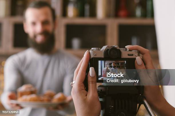 Food Blogging Business Couple Lifestyle Pastries Stock Photo - Download Image Now - Photography, Photograph, Merchandise