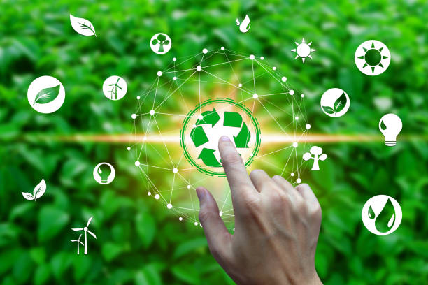 istock Finger touch with environment icons over the Network connection on nature background, Technology ecology concept 1137327919