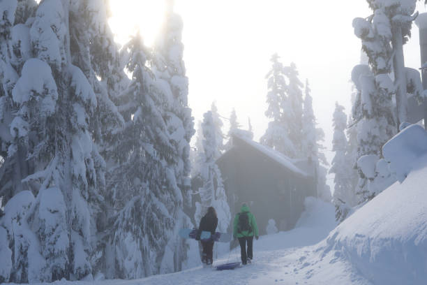 istock Two women return from the ski hill with sleigh and snowboard 1137328072